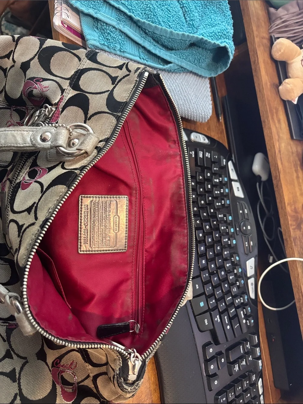 Coach Signature Poppy Large Canvas Tote in Khaki and Black with Pink Accents